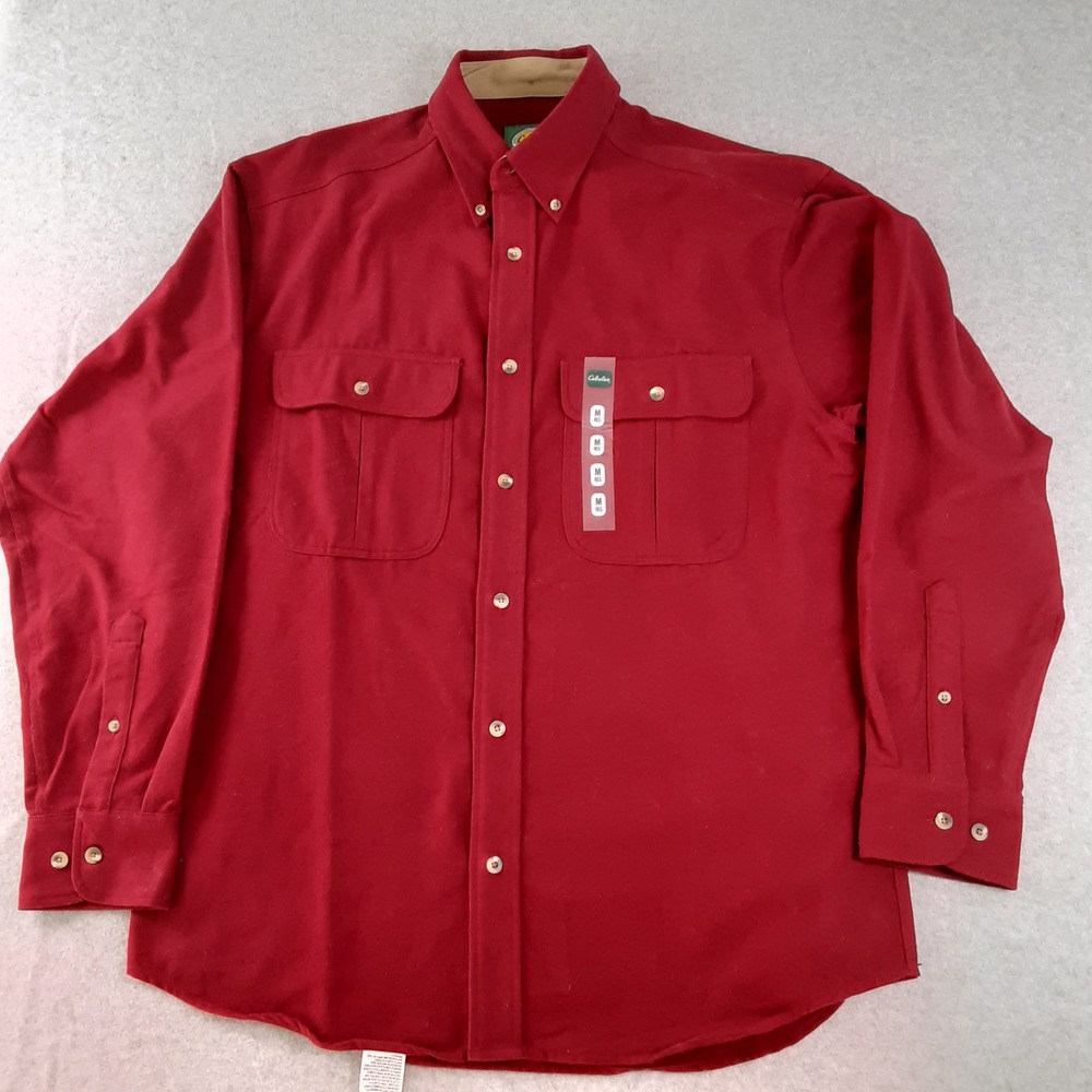 Cabelas Mens Medium Weight Chamois Shirt Cranberry Red Cotton Button Down M REG
